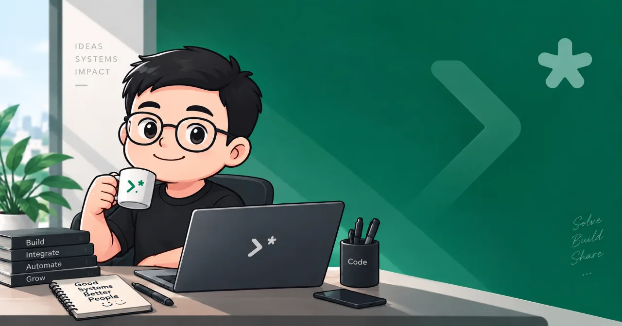 Minh họa chibi Trần Thanh Quang làm việc cùng máy tính